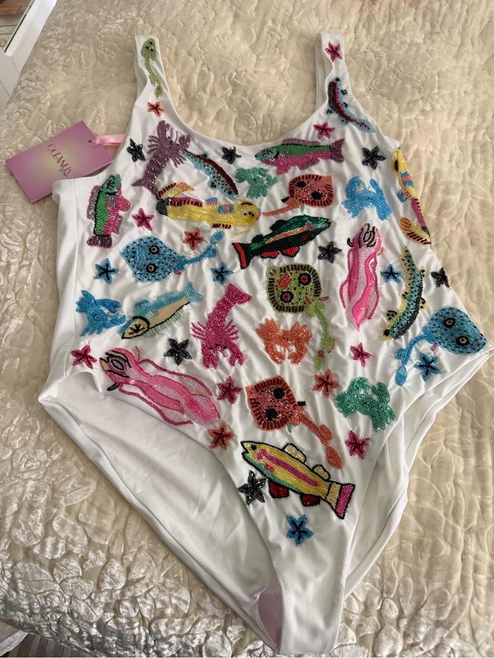 OCEANUS Embroidered white Bathing suit with Animal Motifs - Picture 6 of 15